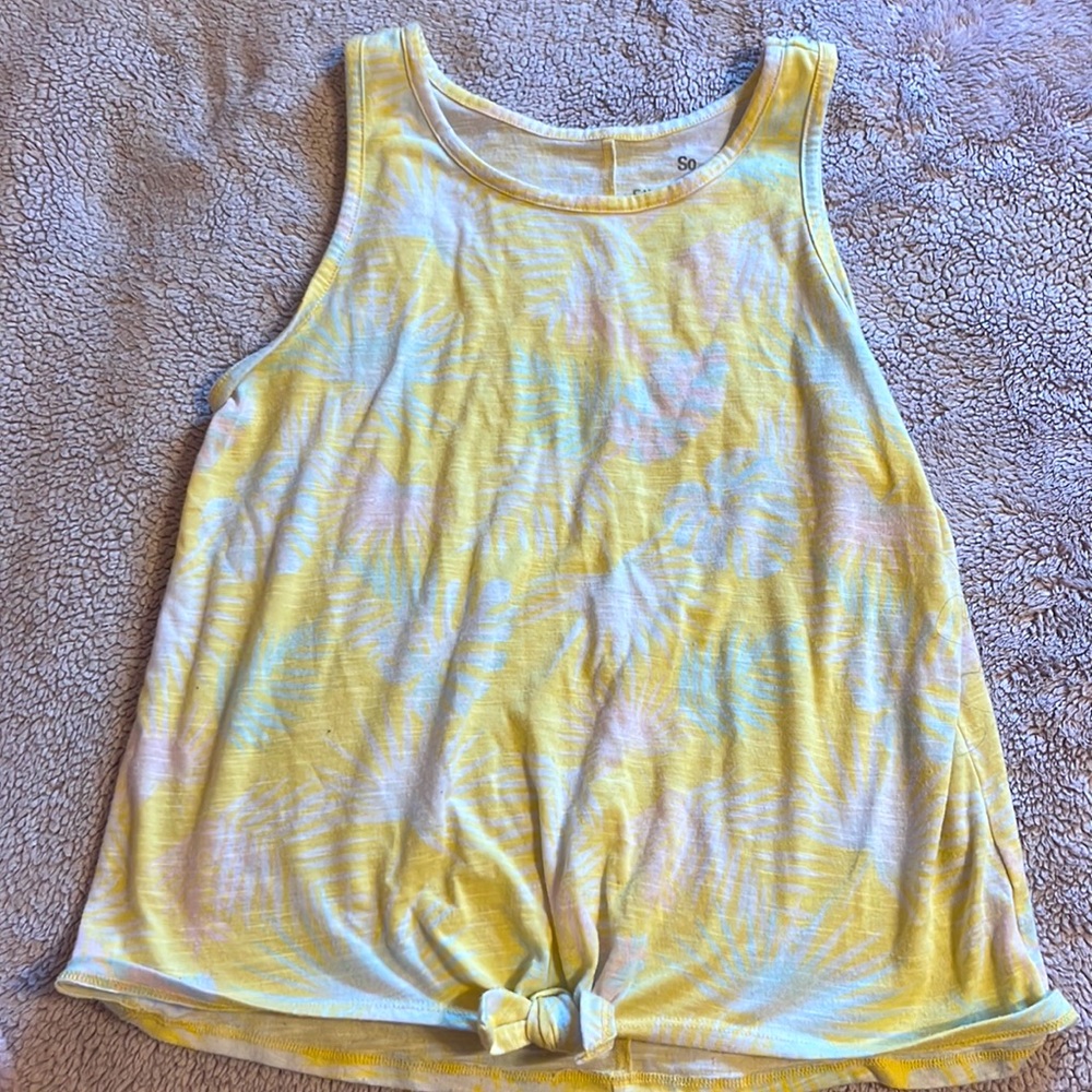 Yellow tie tank top with light blue and pink design